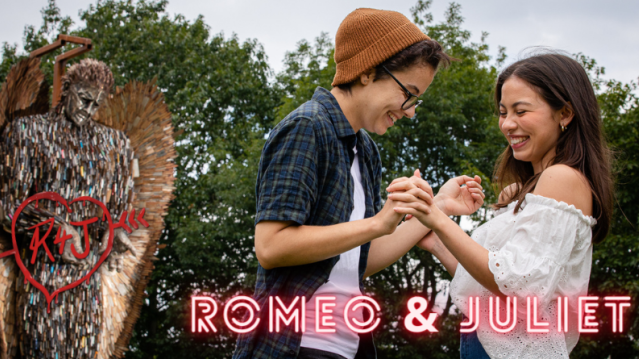 Actors Playing Romeo And Juliet Stand In Front Of The Knife Angel
