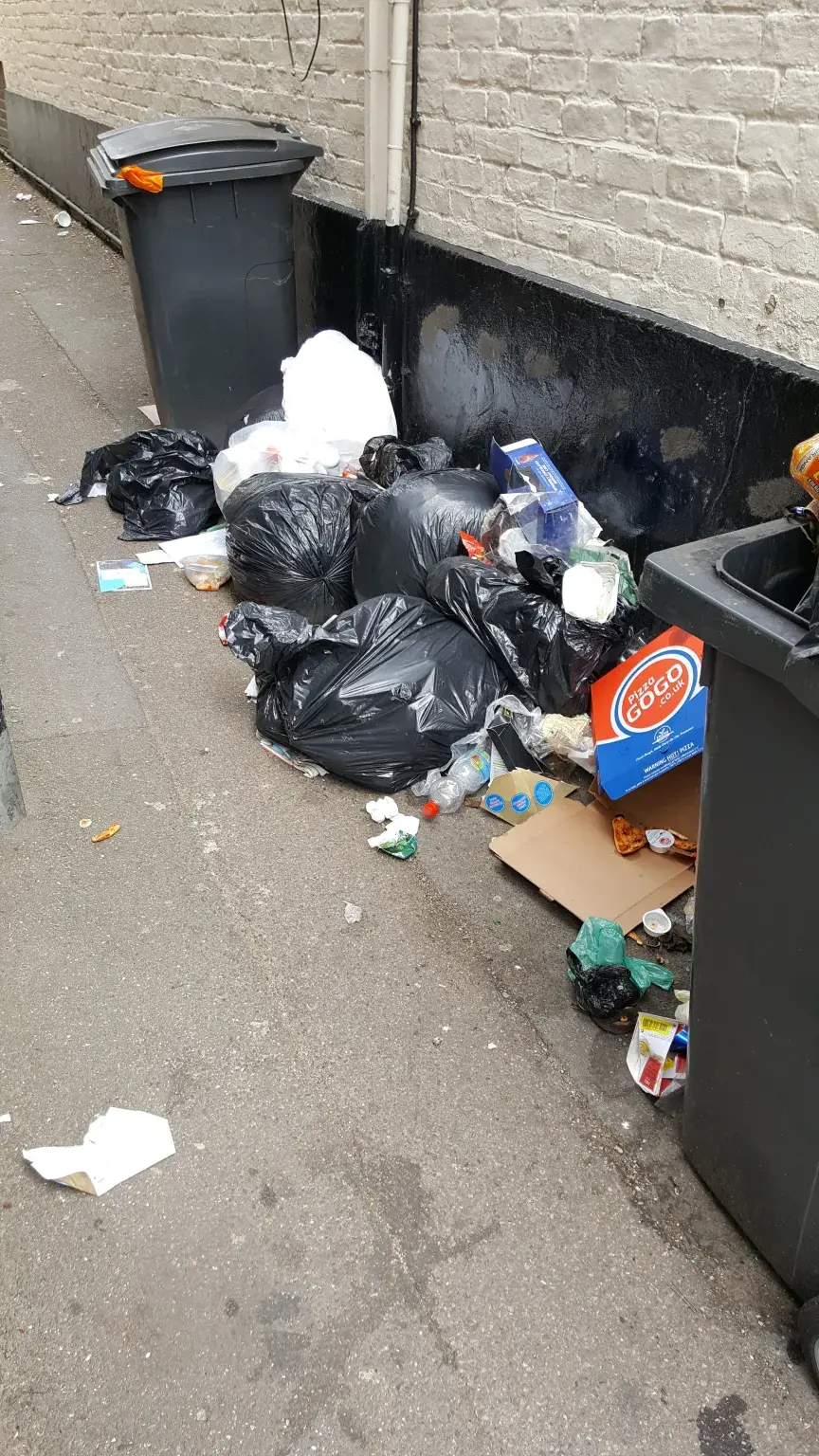 Fly-tipping black bin bags in alley way