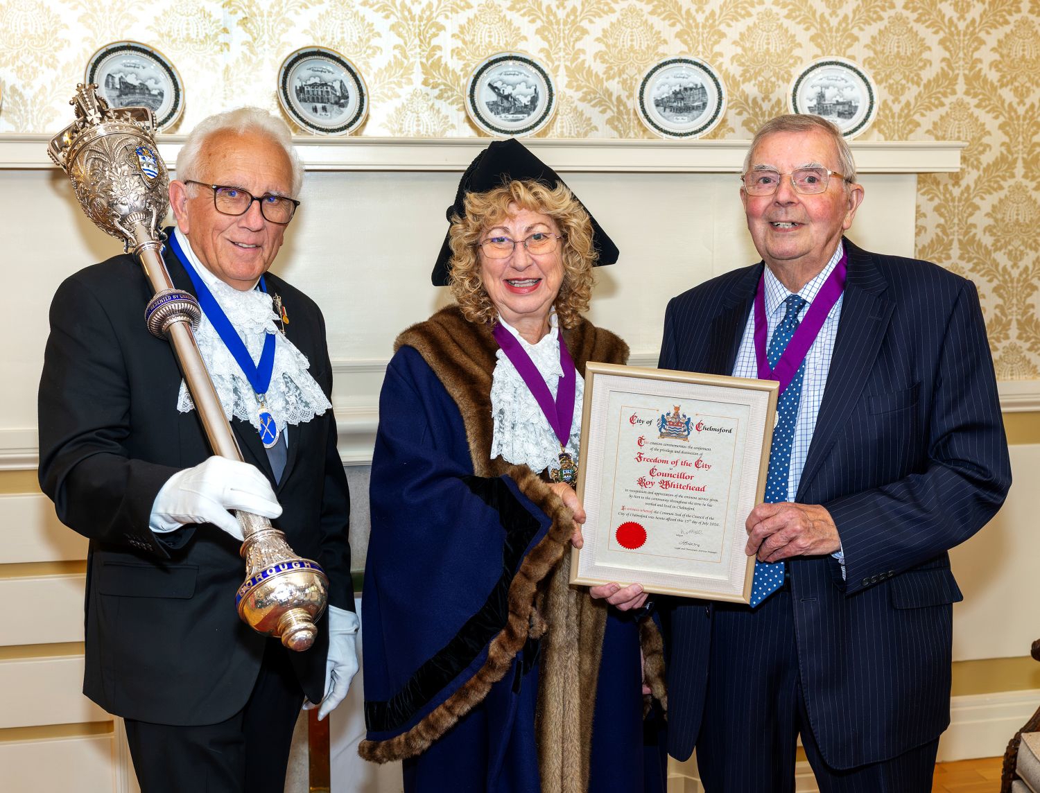 Freedom of the city - Cllr Roy Whitehead and Cllr J Frascona Deputy Mayor with Macebearer.jpg