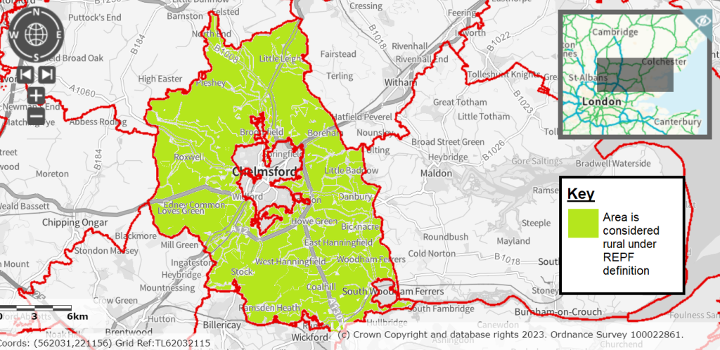A map showing areas considered rural under the REPF definition. Copyright Ordnance Survey.