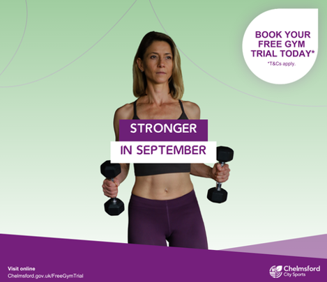Stronger in September. Book your free gym trial today (terms apply). Man and woman exercising.