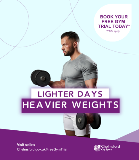 Lighter days, heavier weights. Book your free gym trial today (terms apply). Man and woman both lifting dumbells.