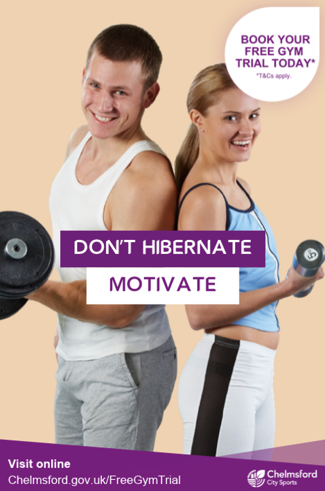Don't hibernate, motivate. Book your free gym trial today (terms apply). Man and woman exercising.