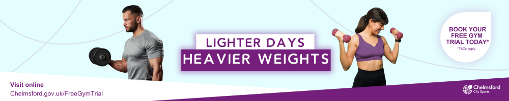 Lighter days, heavier weights. Book your free gym trial today (terms apply). Man and woman both lifting dumbells.