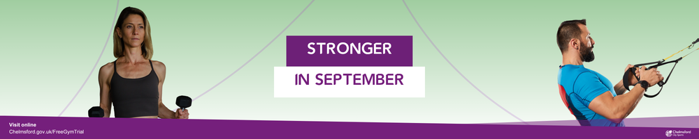 Stronger in September. Book your free gym trial today (terms apply). Man and woman exercising.