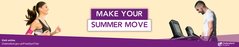 Make your summer move. Book your free gym trial today (terms apply). Man and woman exercising..