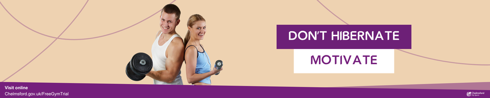 Don't hibernate, motivate. Book your free gym trial today (terms apply). Man and woman exercising.