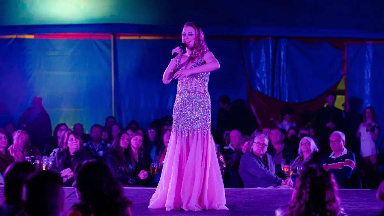 Woman in sparkly dress performing on stage at Fling Festival