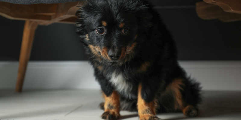 A Puppy Looks Frightened While Hiding Under A Chair