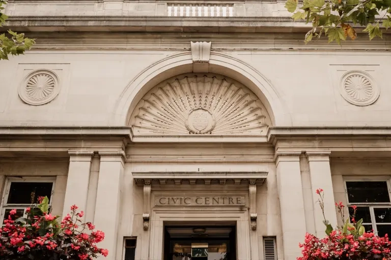 Main entrance to Civic Centre, with decorative stone work