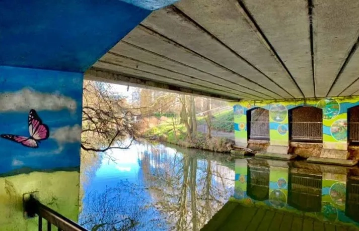 Underpass with nature murals and river flowing through the middle
