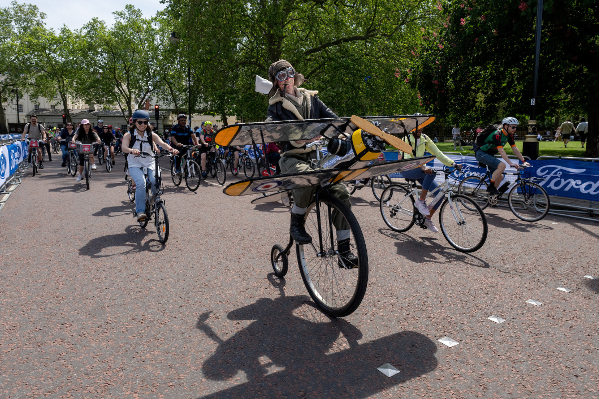 An Amateur Cyclist Dressed As A Pilot At The Ridelondon Freecycle 2023