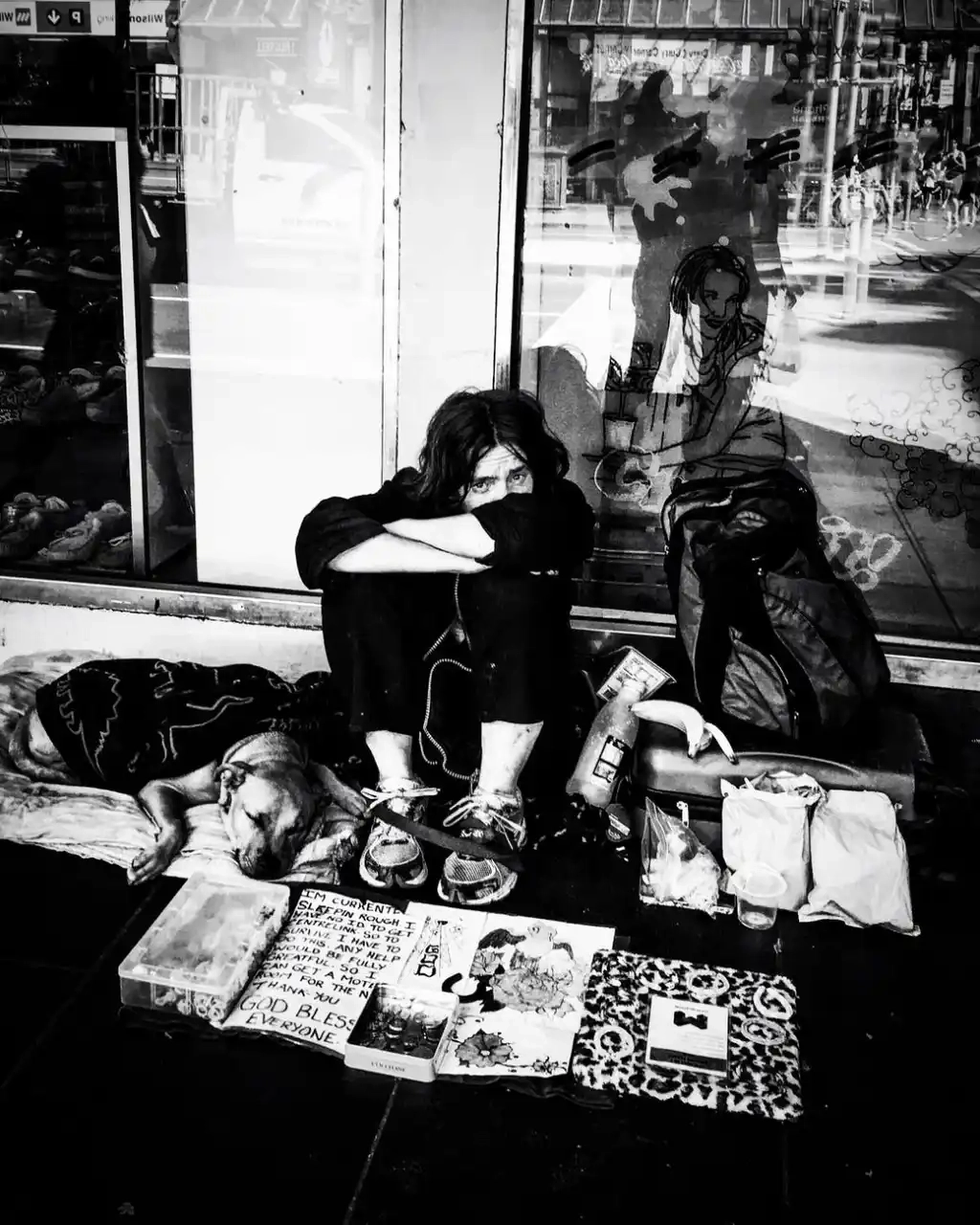 Homeless Woman In Black And White