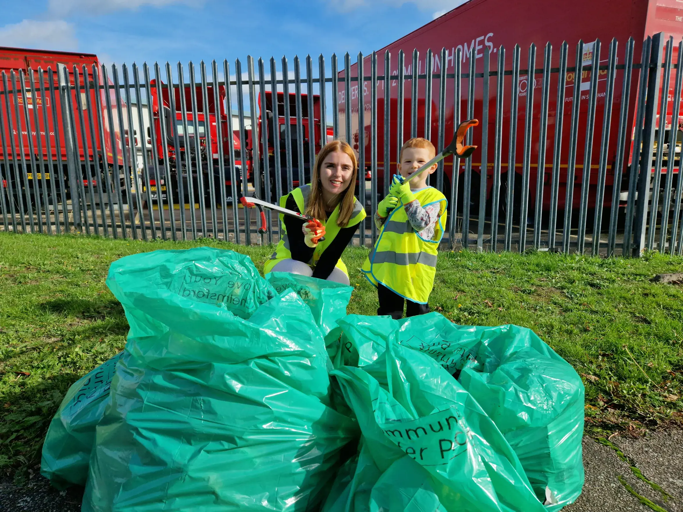 Mother and son litter picking