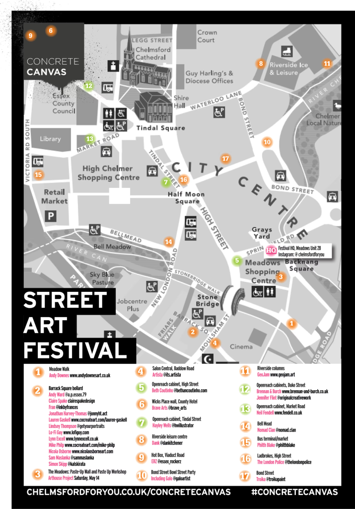 Street art map of Chelmsford City centre