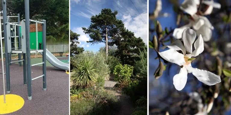 Example Of An I Spy Image Capturing A Play Park, Shrubs And Trees, And Blossom