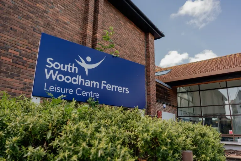 Blue entrance sign for South Woodham Ferrers Leisure Centre