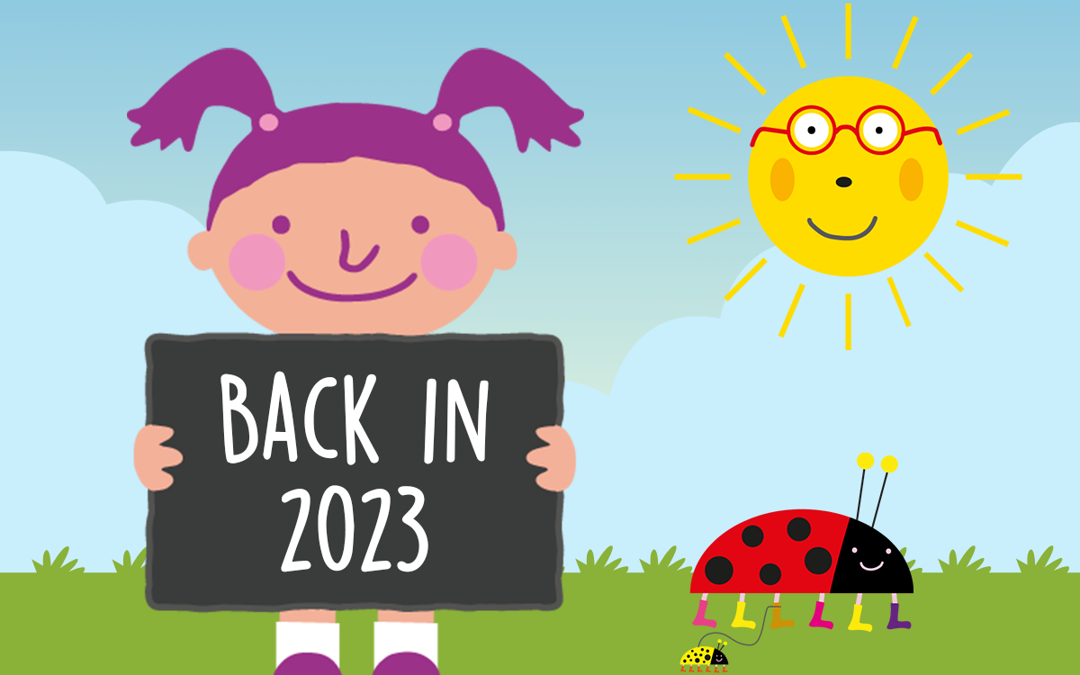 A Cartoon Girl Holds Up A Sign Saying 'Back In 2023'