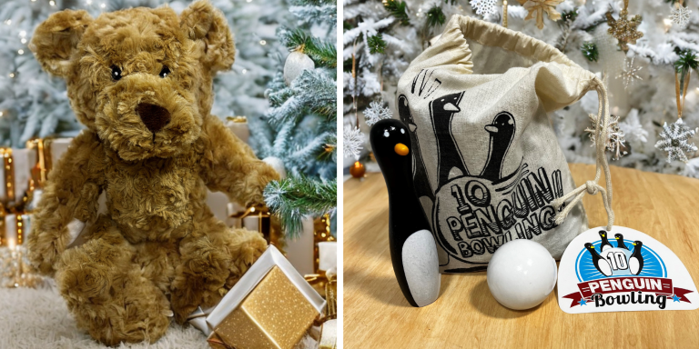 Soft toy bear and penguin bowling set