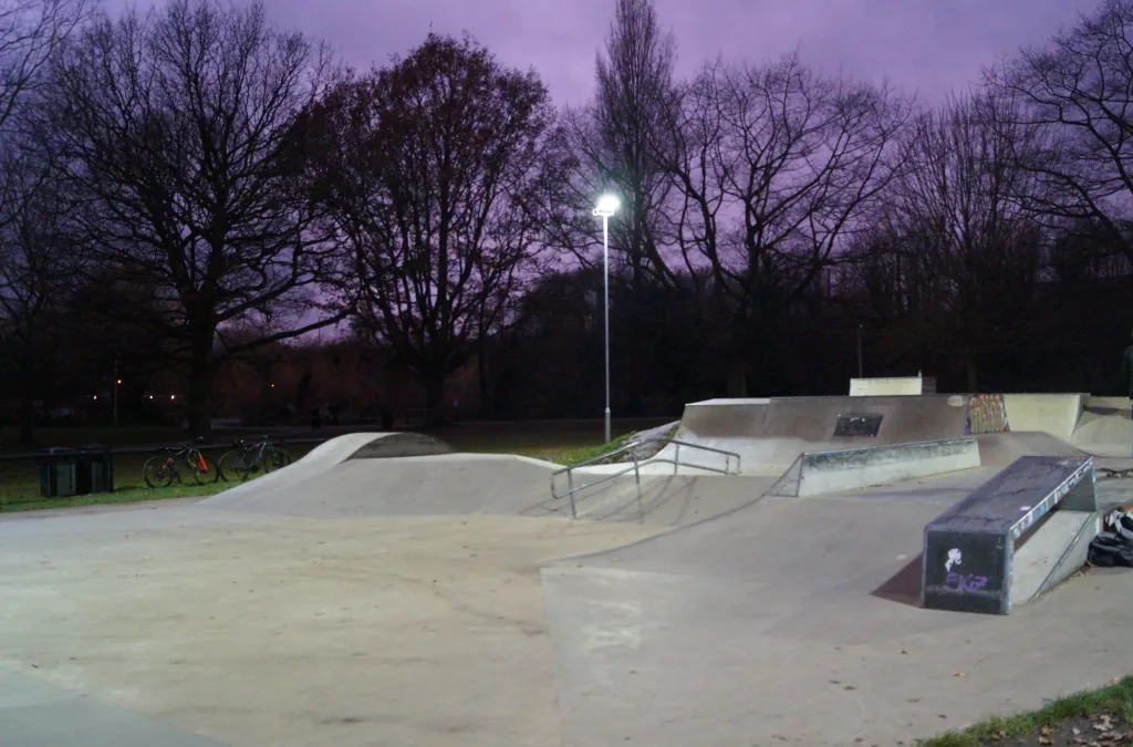 Well-lit skate ramps at Central Park