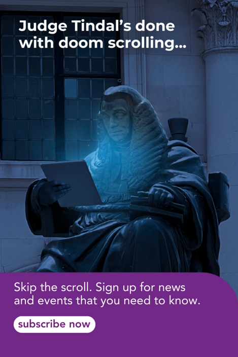 Judge Tindal's donw with doom scrolling.Skip the scroll. Sign up for news and events that you need to know. Subscribe now.(Statue of Judge Tindal scrolling on tablet)
