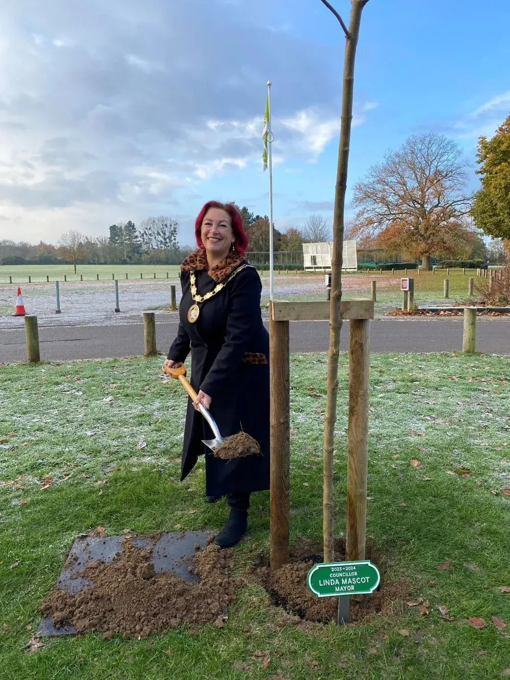 Cllr Mascot with spade planting her maple tree