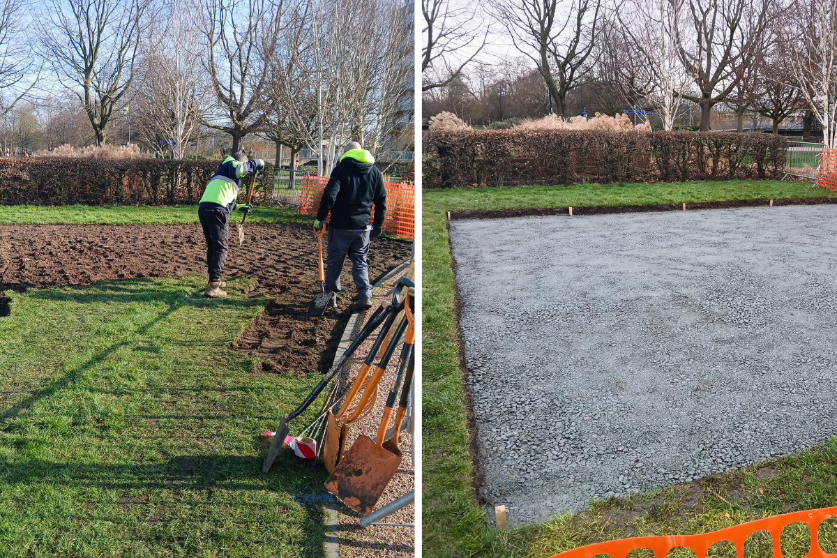 The Area During Works The Team Dug Up Grass And Laid Foundations For The Paved Area