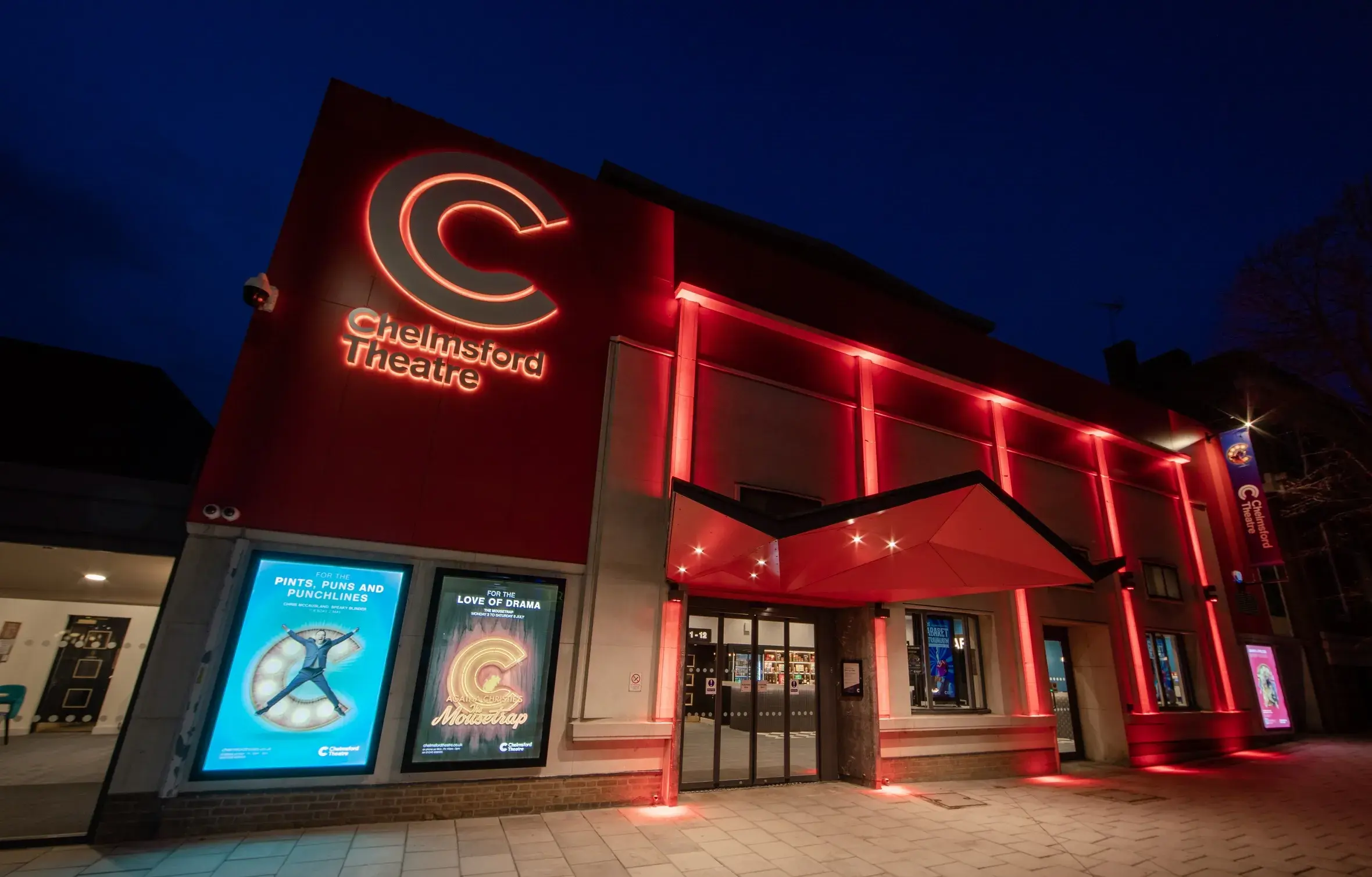 Chelmsford Theatre exterior at night.  Photographer: Aaron Crowe.
